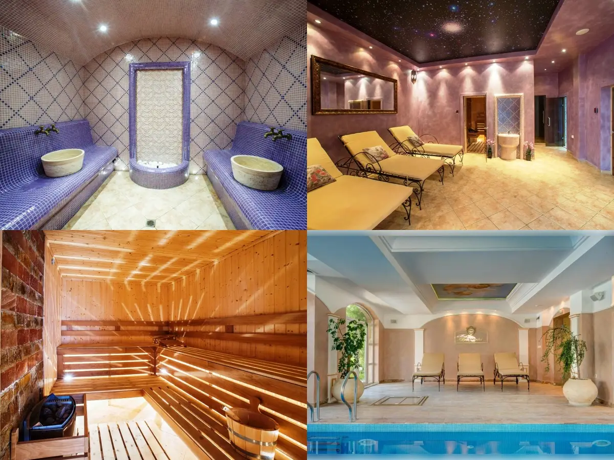 A collage of four spa areas: a tiled steam room, a lounge with reclining chairs, a wooden sauna, and an indoor pool area with plants and large windows.