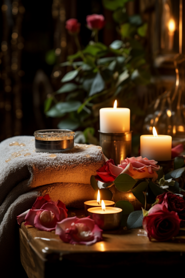 A cozy spa scene with lit candles, rolled towels, a tin of bath salts, and scattered red roses, creating a warm, relaxing ambiance. Lush greenery and soft lighting enhance the tranquil atmosphere.