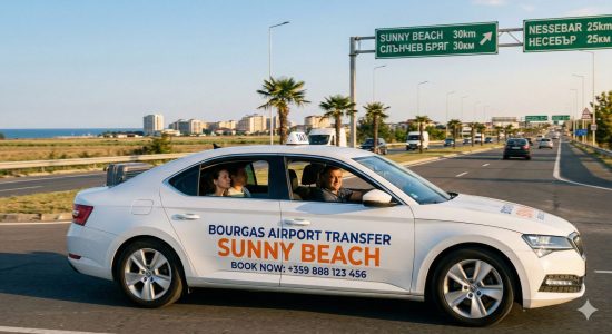 A white car labeled Bourgas Airport Transfer Sunny Beach drives on a coastal road with palm trees, buildings, and green road signs in the background. Two people are seated in the front seats.