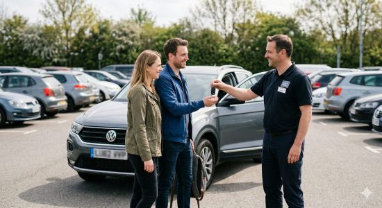 A man and woman stand in a parking lot, smiling as a dealership worker hands them car keys in front of a gray SUV. Other parked cars and trees are in the background.