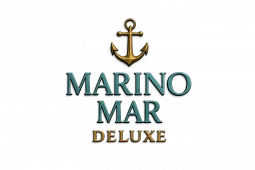 Ein goldener Anker über dem Schriftzug MARINO MAR in Blau und DELUXE in Gold, alles auf schwarzem Hintergrund.