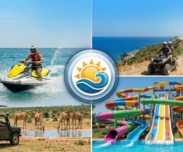 Eine Collage mit vier Bildern: eine Person, die auf dem Meer Jetski fährt, Menschen, die mit Geländefahrzeugen im Gelände unterwegs sind, ein Safari-Jeep in der Nähe von Kamelen und bunte Wasserrutschen in einem Wasserpark. In der Mitte befindet sich ein Logo mit Sonne und Welle.